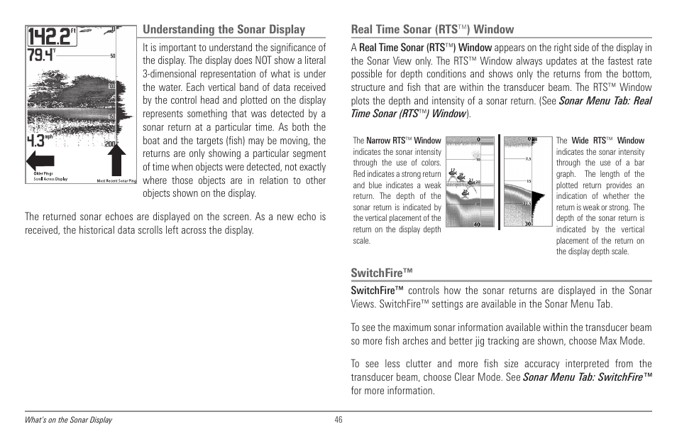 Understanding the sonar display, Real time sonar (rts™) window, Switchfire | Humminbird 998c SI User Manual | Page 56 / 160