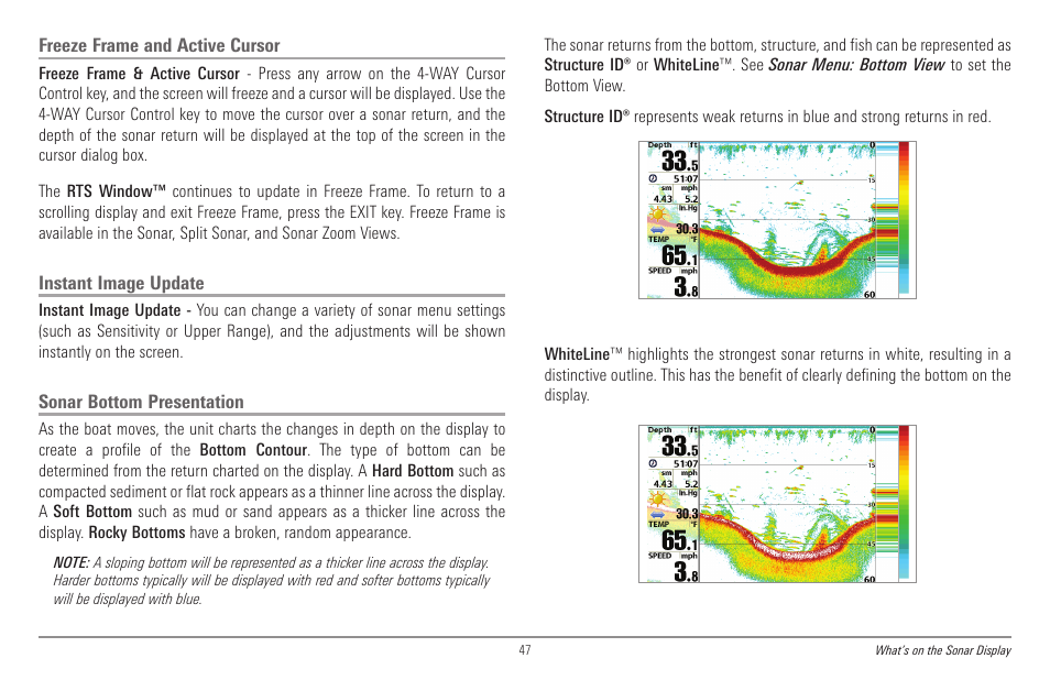 Freeze frame and active cursor, Instant image update, Sonar bottom presentation | Humminbird 998c SI User Manual | Page 57 / 160