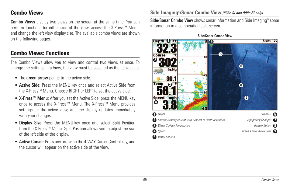 Combo views, Combo views: functions, Side imaging/sonar combo view | Side imaging, Sonar combo view | Humminbird 998c SI User Manual | Page 79 / 160
