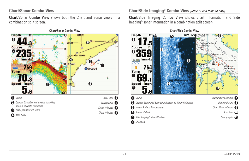 Chart/sonar combo view, Chart/side imaging combo view, Chart/side imaging | Combo view | Humminbird 998c SI User Manual | Page 81 / 160