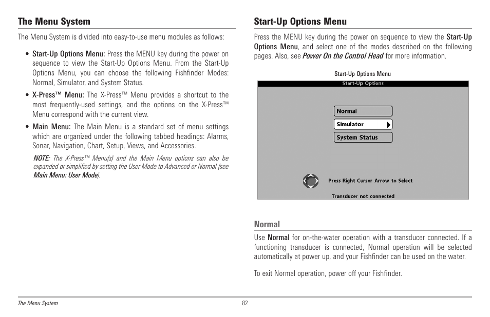 The menu system, Start-up options menu | Humminbird 998c SI User Manual | Page 92 / 160