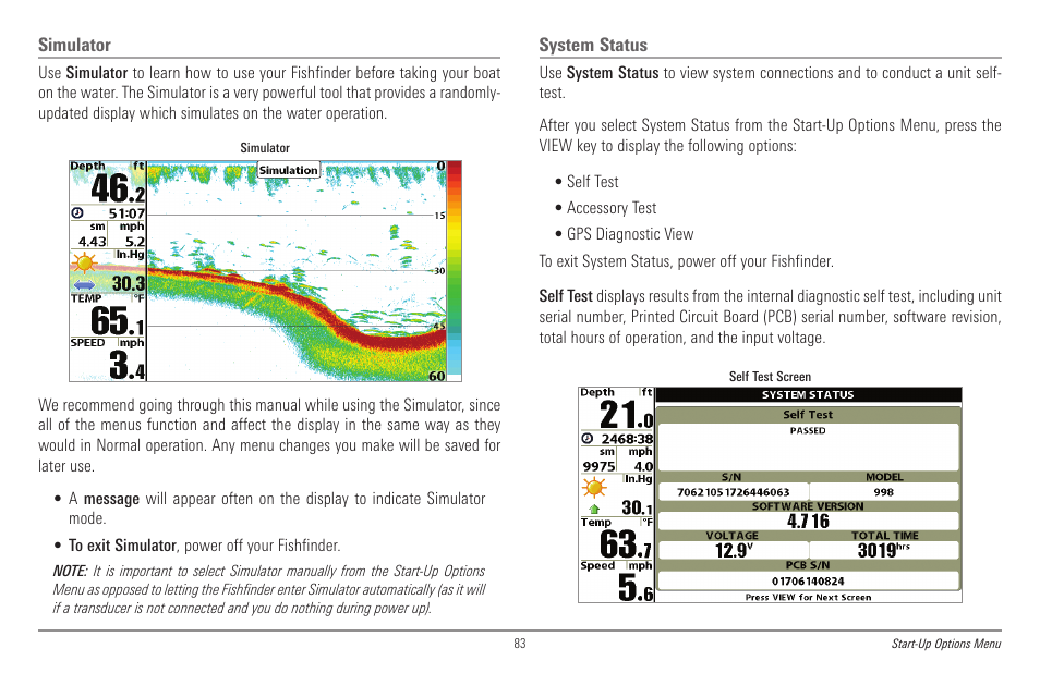Simulator, System status, Self test | Humminbird 998c SI User Manual | Page 93 / 160