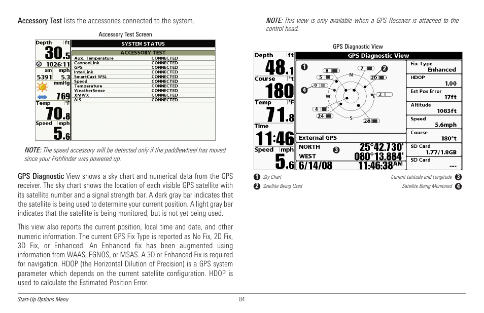 Accessory test, Gps diagnostic view | Humminbird 998c SI User Manual | Page 94 / 160