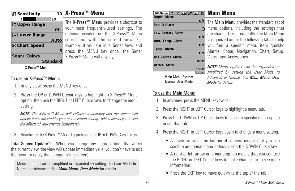 X-press™ menu, Main menu | Humminbird 998c SI User Manual | Page 95 / 160