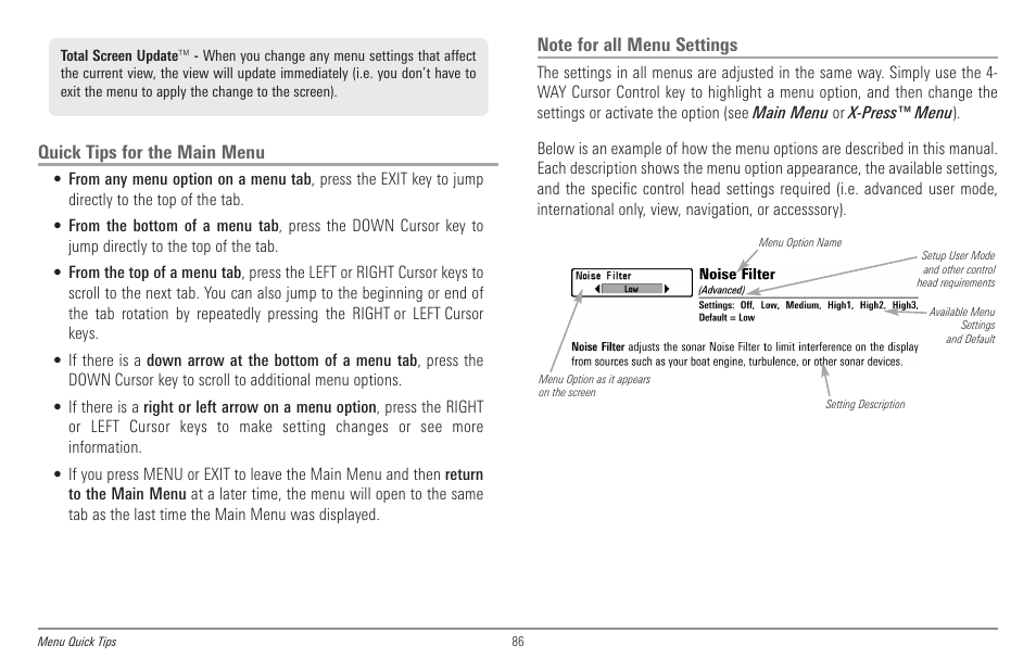 Quick tips for the main menu, Note for all menu settings | Humminbird 998c SI User Manual | Page 96 / 160