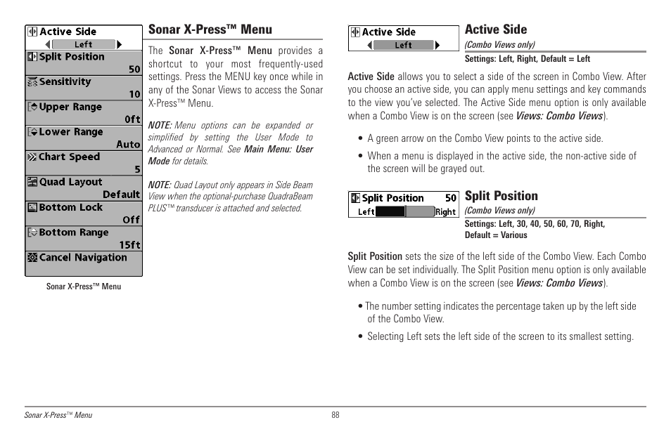 Sonar x-press™ menu, Active side, Split position | Humminbird 998c SI User Manual | Page 98 / 160