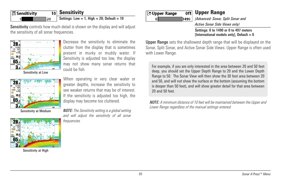 Sensitivity, Upper range | Humminbird 998c SI User Manual | Page 99 / 160