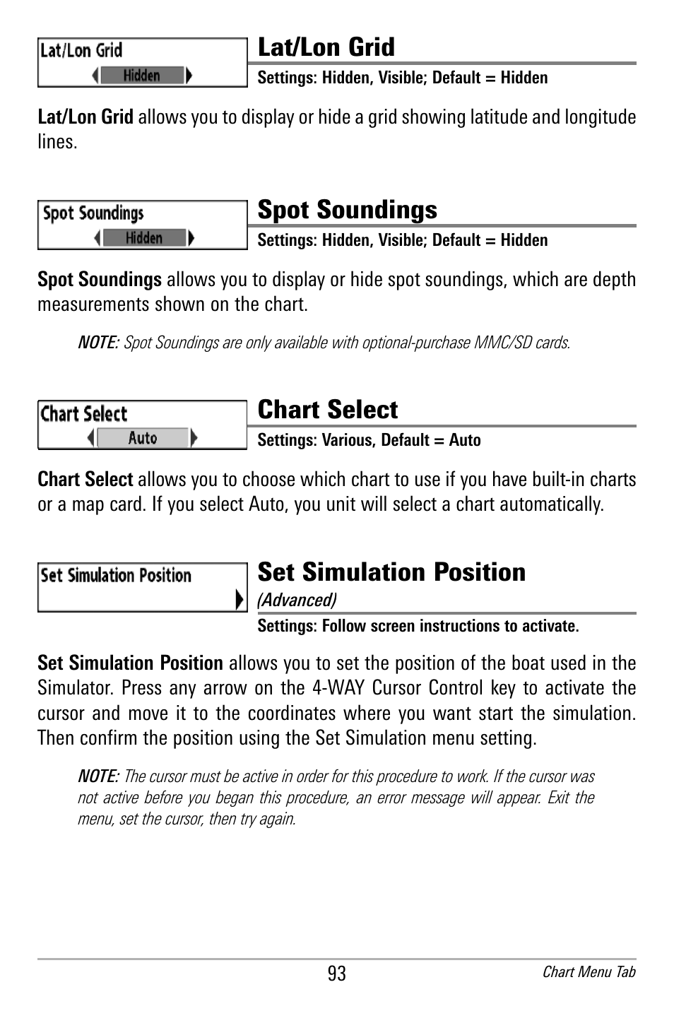 Lat/lon grid, Spot soundings, Chart select | Set simulation position | Humminbird 300 SERIES 365I User Manual | Page 103 / 128