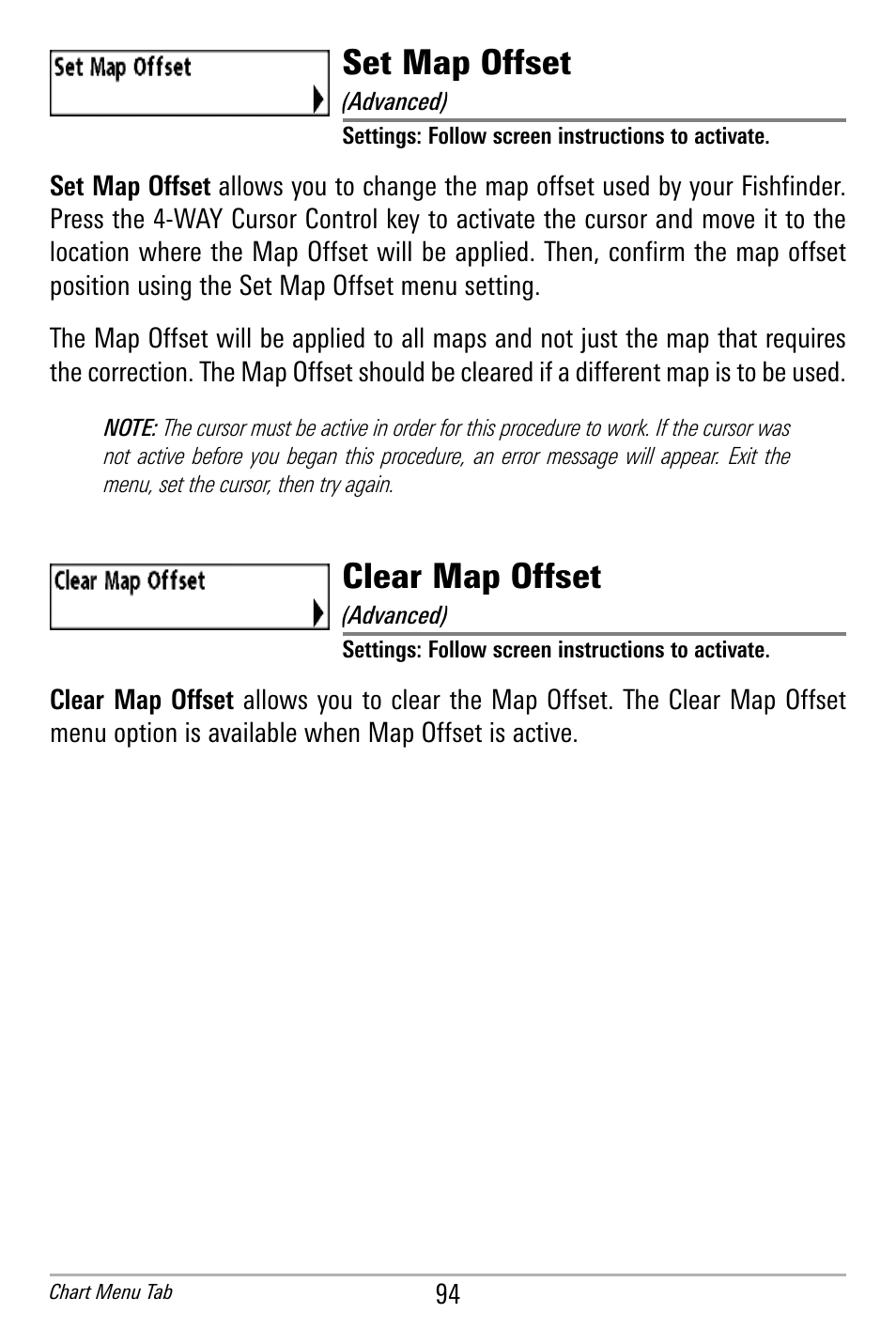 Set map offset, Clear map offset | Humminbird 300 SERIES 365I User Manual | Page 104 / 128