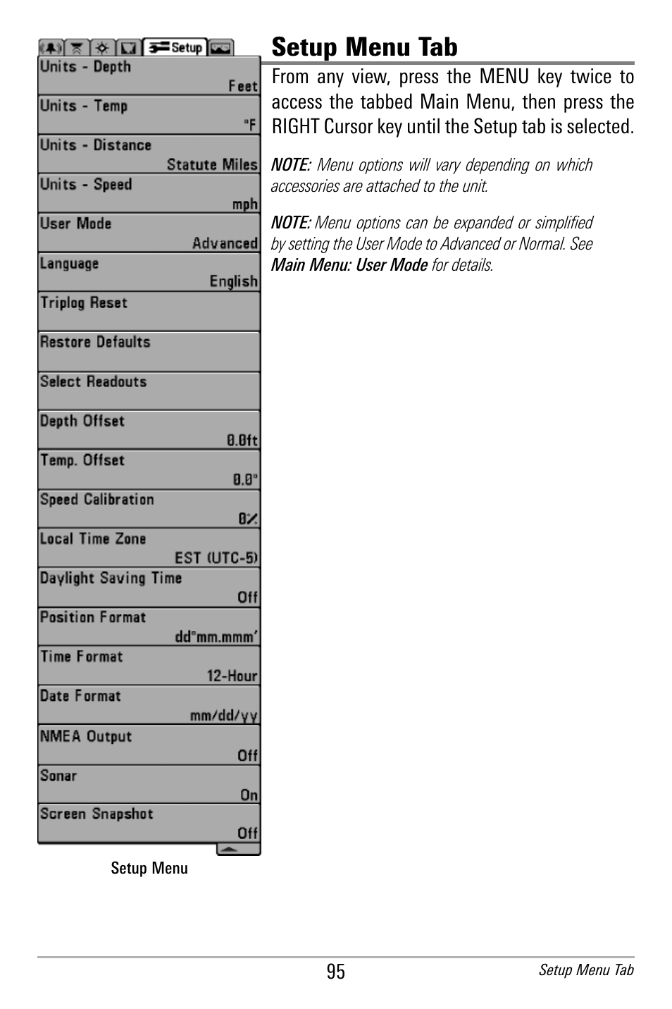 Setup menu tab | Humminbird 300 SERIES 365I User Manual | Page 105 / 128