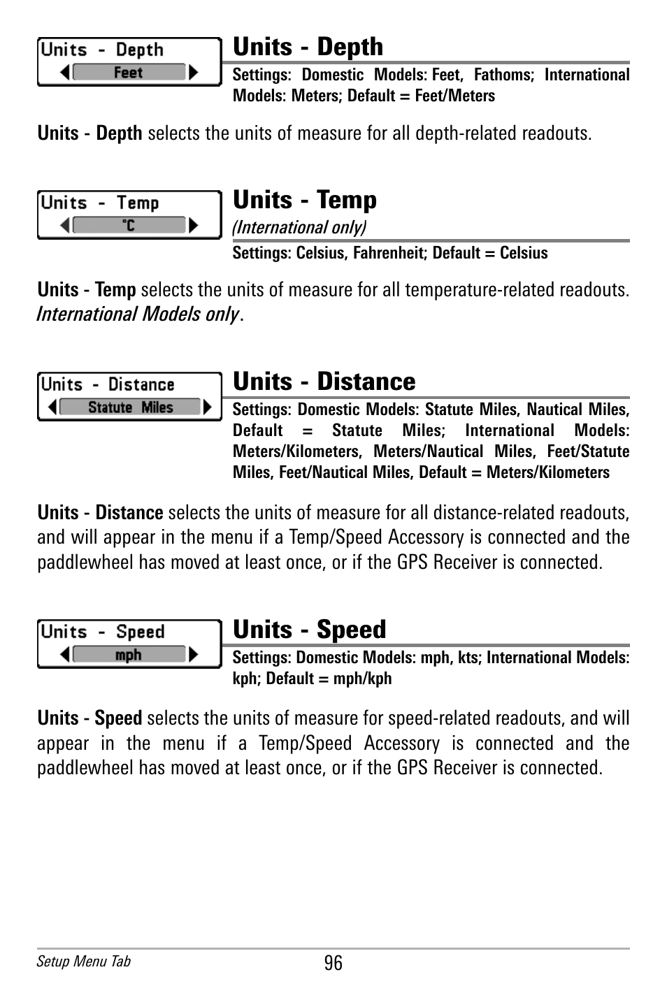 Units - depth, Units - temp, Units - distance | Units - speed | Humminbird 300 SERIES 365I User Manual | Page 106 / 128