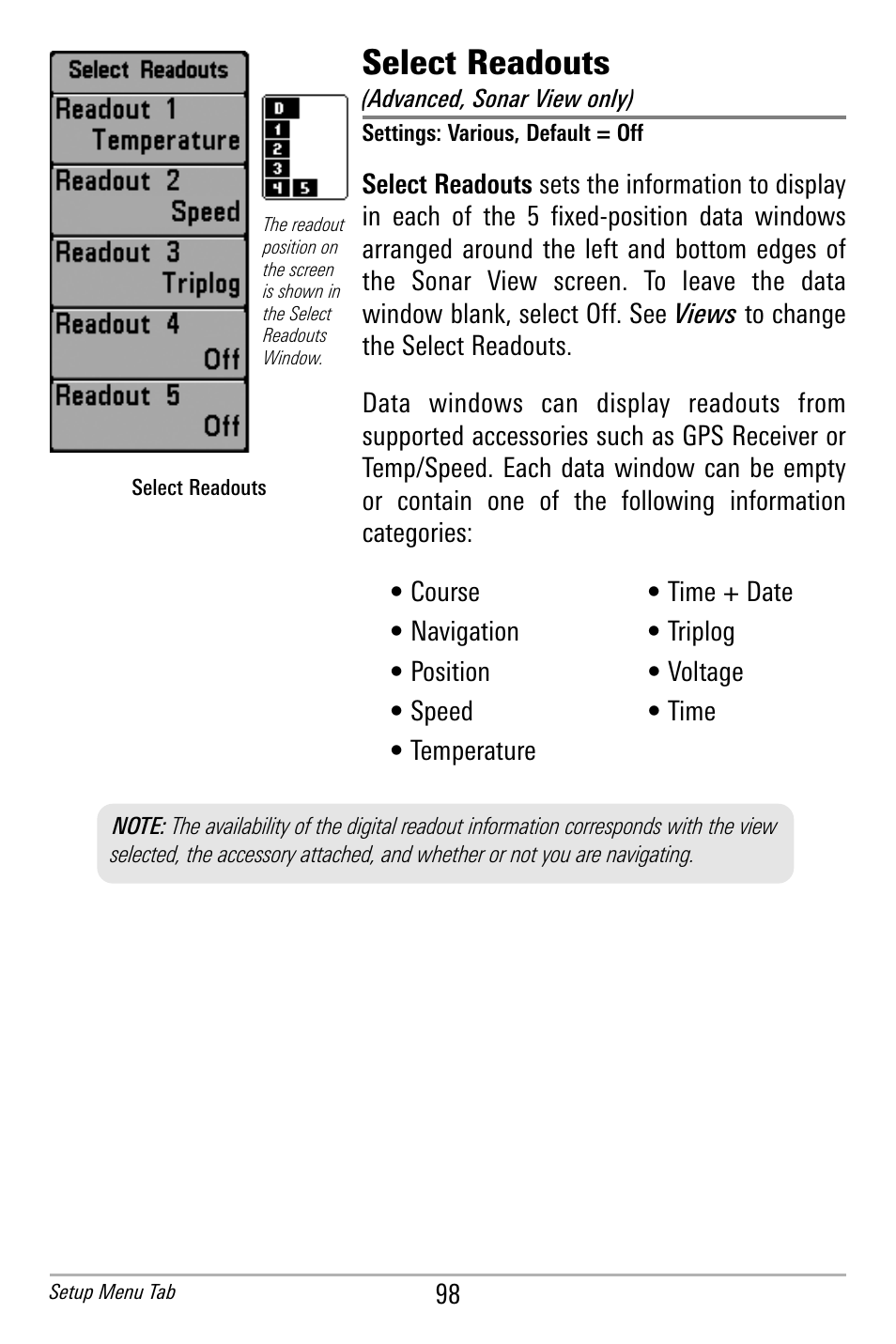 Select readouts | Humminbird 300 SERIES 365I User Manual | Page 108 / 128