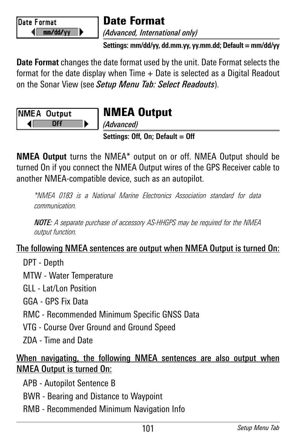 Date format, Nmea output | Humminbird 300 SERIES 365I User Manual | Page 111 / 128