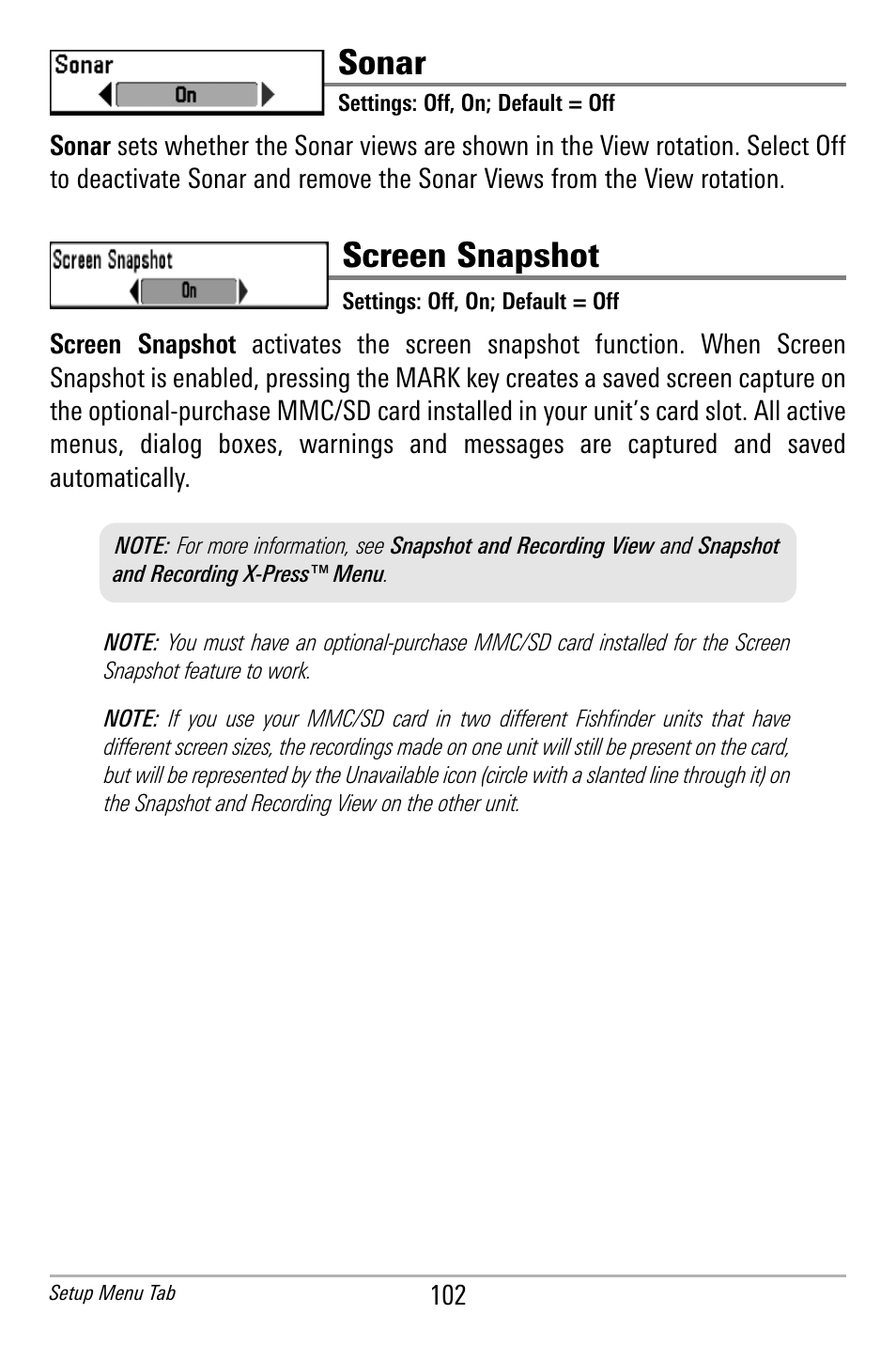 Sonar, Screen snapshot | Humminbird 300 SERIES 365I User Manual | Page 112 / 128