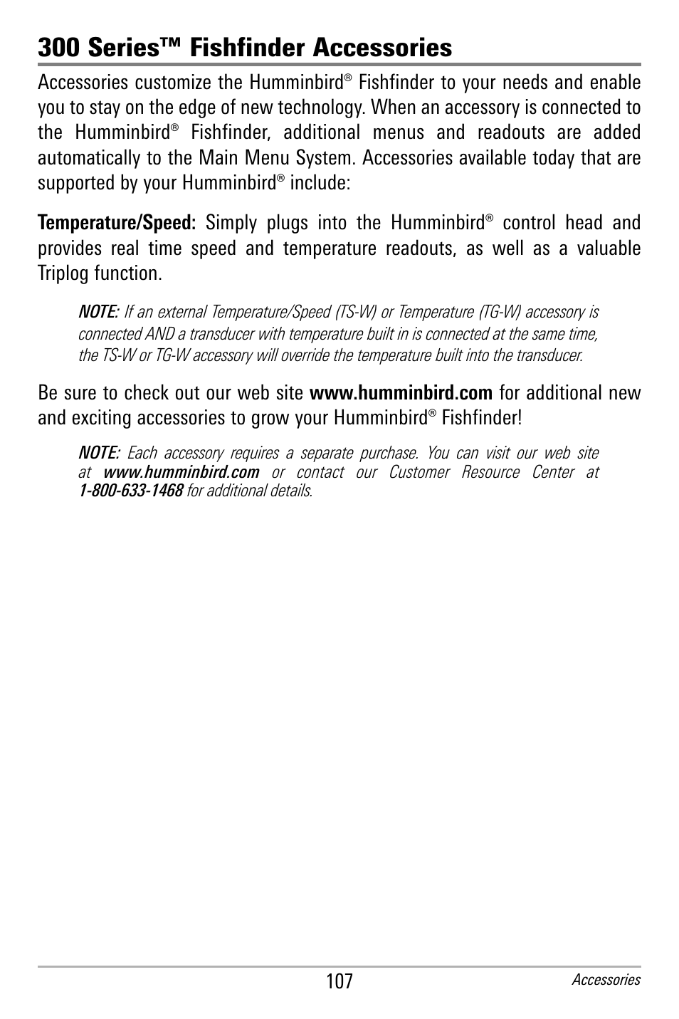300 series™ fishfinder accessories | Humminbird 300 SERIES 365I User Manual | Page 117 / 128