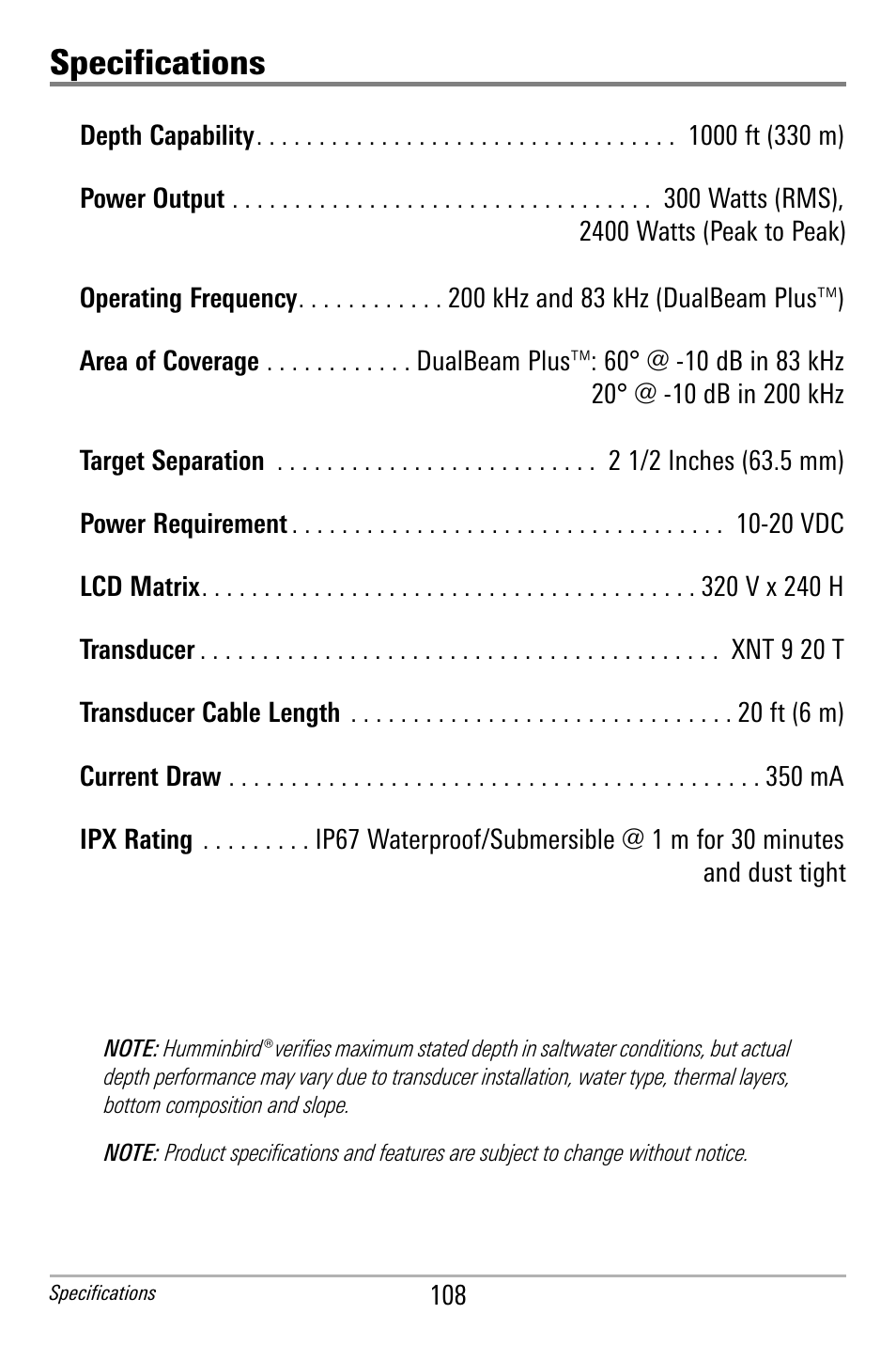 Specifications | Humminbird 300 SERIES 365I User Manual | Page 118 / 128