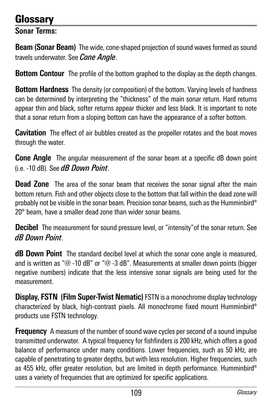 Glossary | Humminbird 300 SERIES 365I User Manual | Page 119 / 128