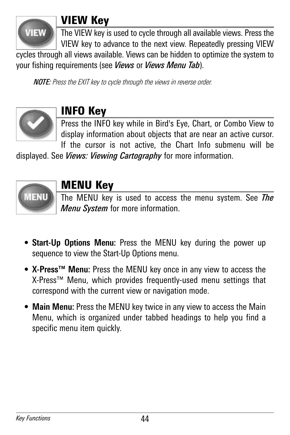 View key, Info key, Menu key | Humminbird 300 SERIES 365I User Manual | Page 54 / 128