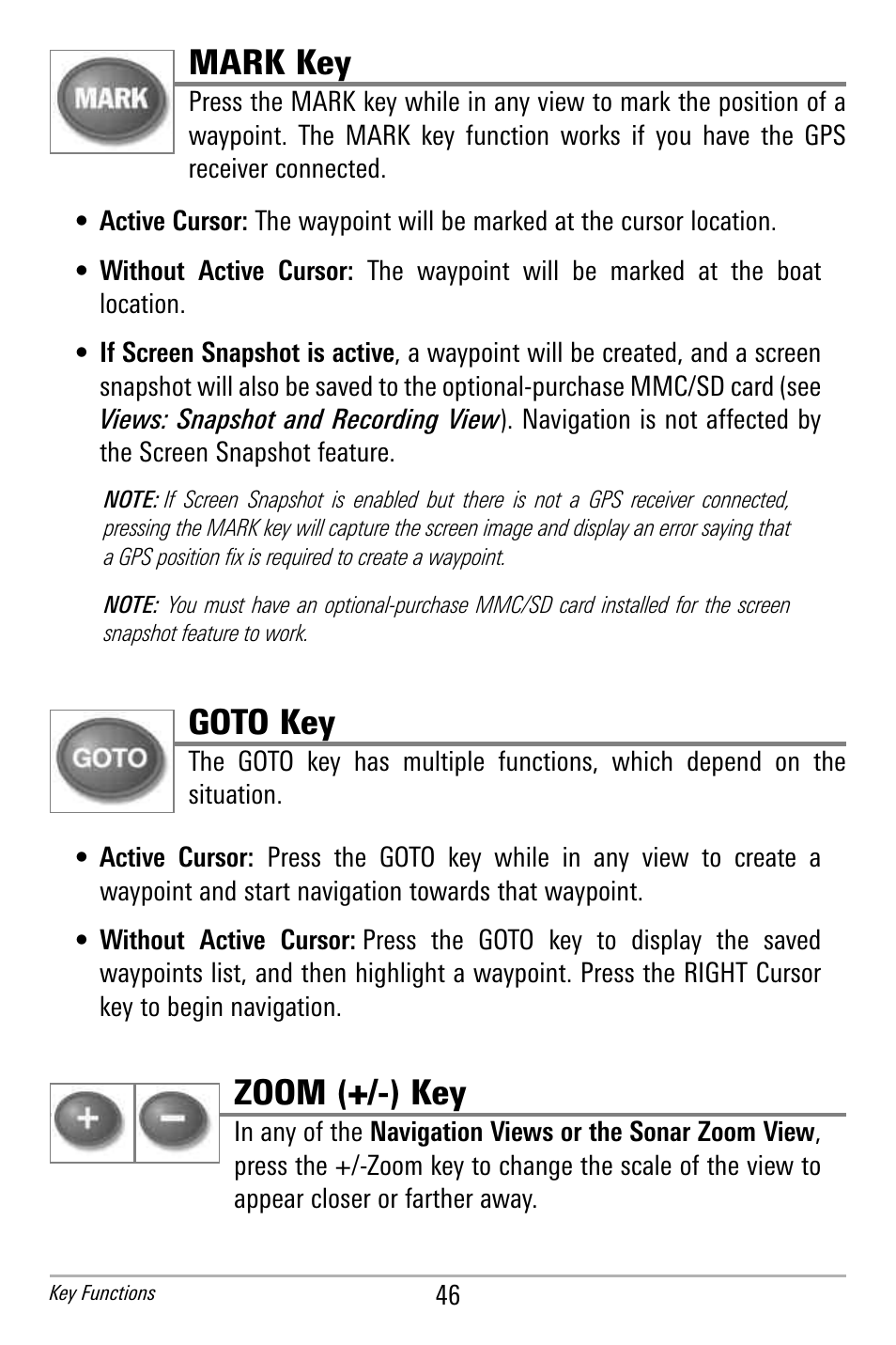 Mark key, Goto key, Zoom (+/-) key | Humminbird 300 SERIES 365I User Manual | Page 56 / 128