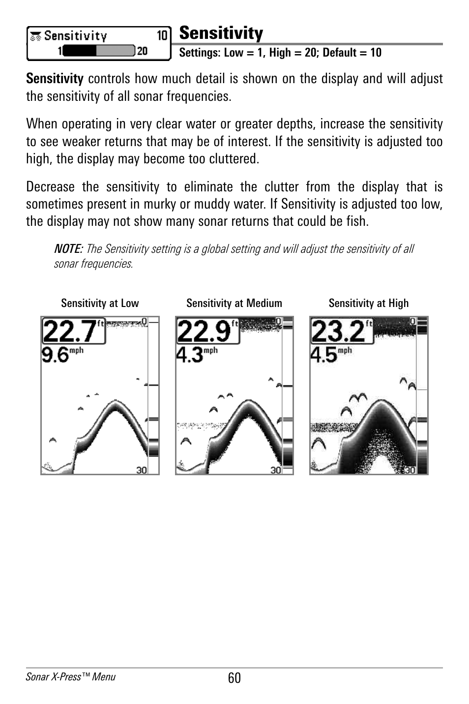 Sensitivity | Humminbird 300 SERIES 365I User Manual | Page 70 / 128