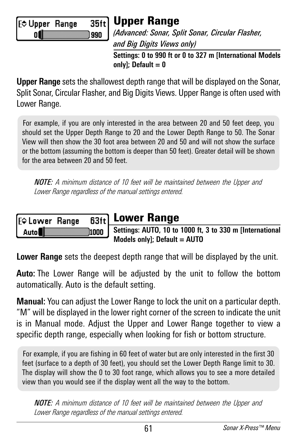 Upper range, Lower range | Humminbird 300 SERIES 365I User Manual | Page 71 / 128