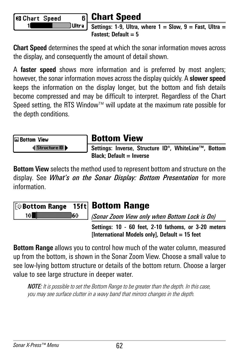 Chart speed, Bottom view, Bottom range | Humminbird 300 SERIES 365I User Manual | Page 72 / 128