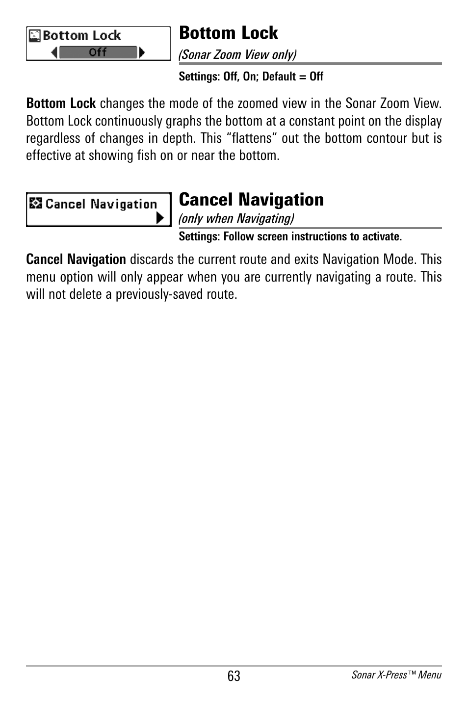 Bottom lock, Cancel navigation | Humminbird 300 SERIES 365I User Manual | Page 73 / 128