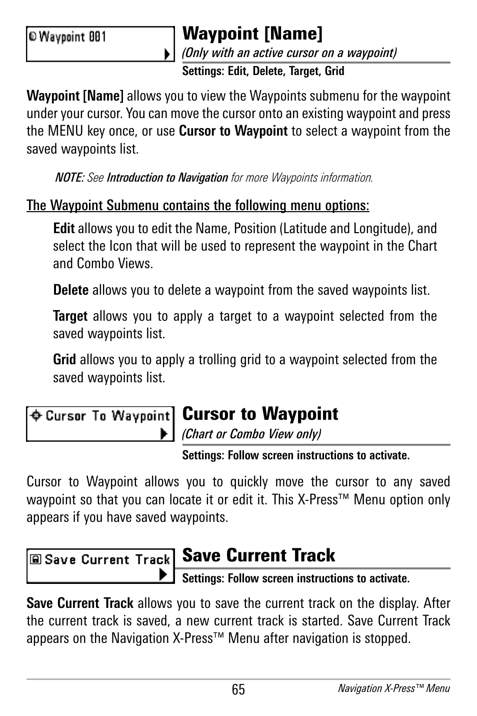 Waypoint [name, Cursor to waypoint, Save current track | Humminbird 300 SERIES 365I User Manual | Page 75 / 128