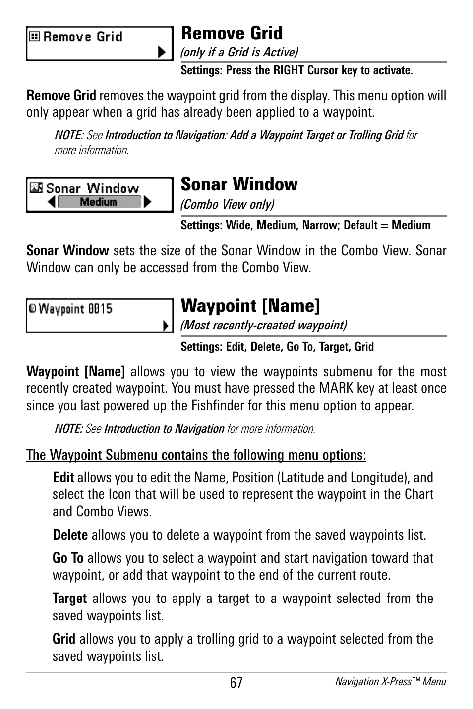 Remove grid, Sonar window, Waypoint [name | Humminbird 300 SERIES 365I User Manual | Page 77 / 128