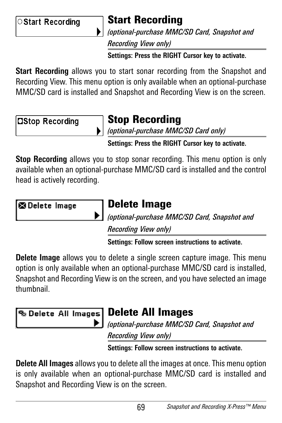 Start recording, Stop recording, Delete image | Delete all images | Humminbird 300 SERIES 365I User Manual | Page 79 / 128