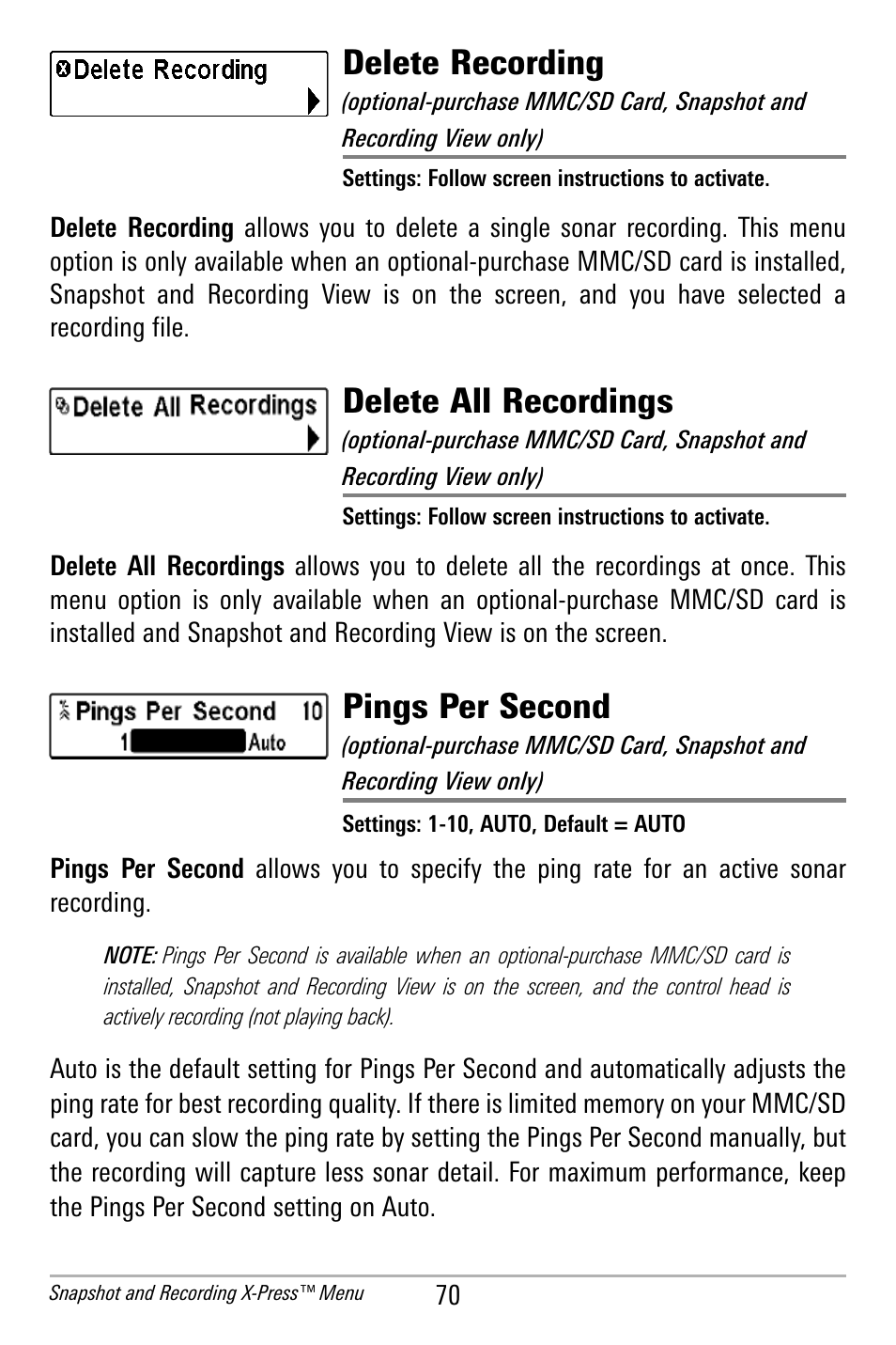 Delete recording, Delete all recordings, Pings per second | Humminbird 300 SERIES 365I User Manual | Page 80 / 128