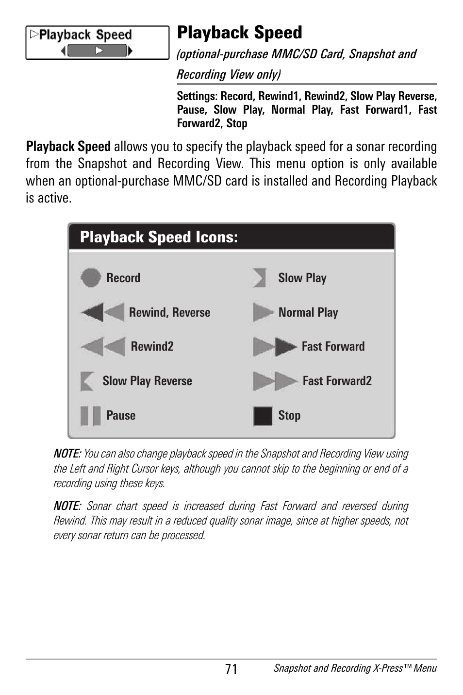 Playback speed, Playback speed icons | Humminbird 300 SERIES 365I User Manual | Page 81 / 128