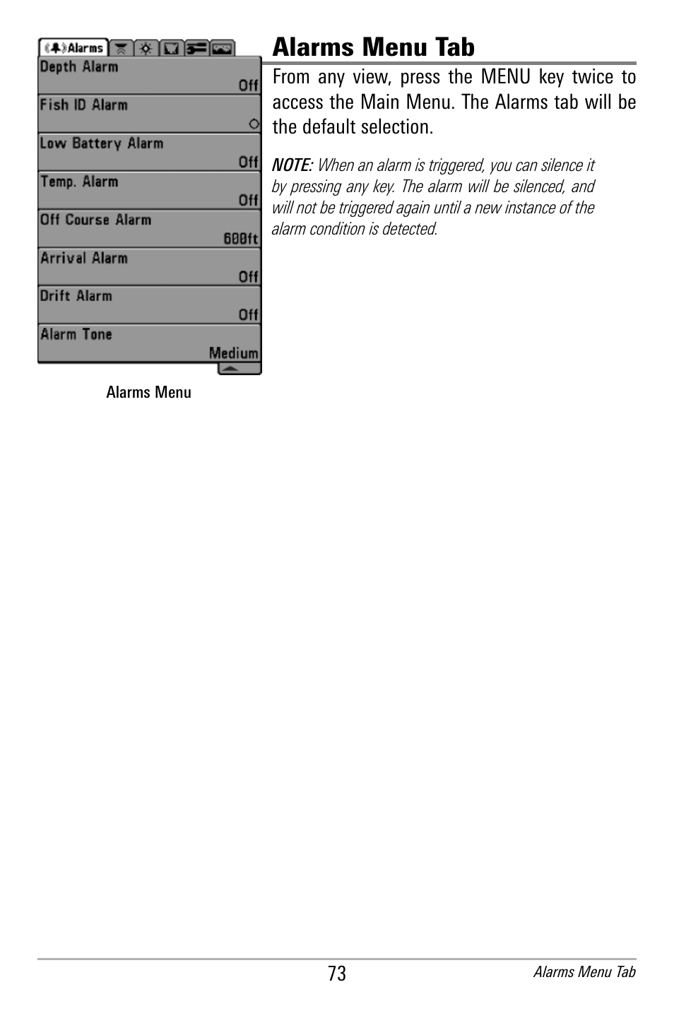 Alarms menu tab | Humminbird 300 SERIES 365I User Manual | Page 83 / 128