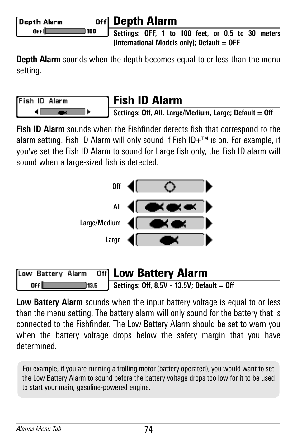 Depth alarm, Fish id alarm, Low battery alarm | Humminbird 300 SERIES 365I User Manual | Page 84 / 128