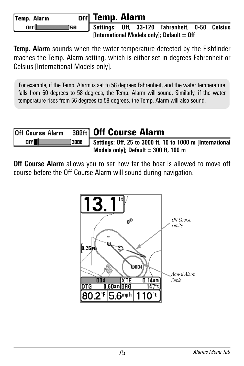 Temp. alarm, Off course alarm | Humminbird 300 SERIES 365I User Manual | Page 85 / 128