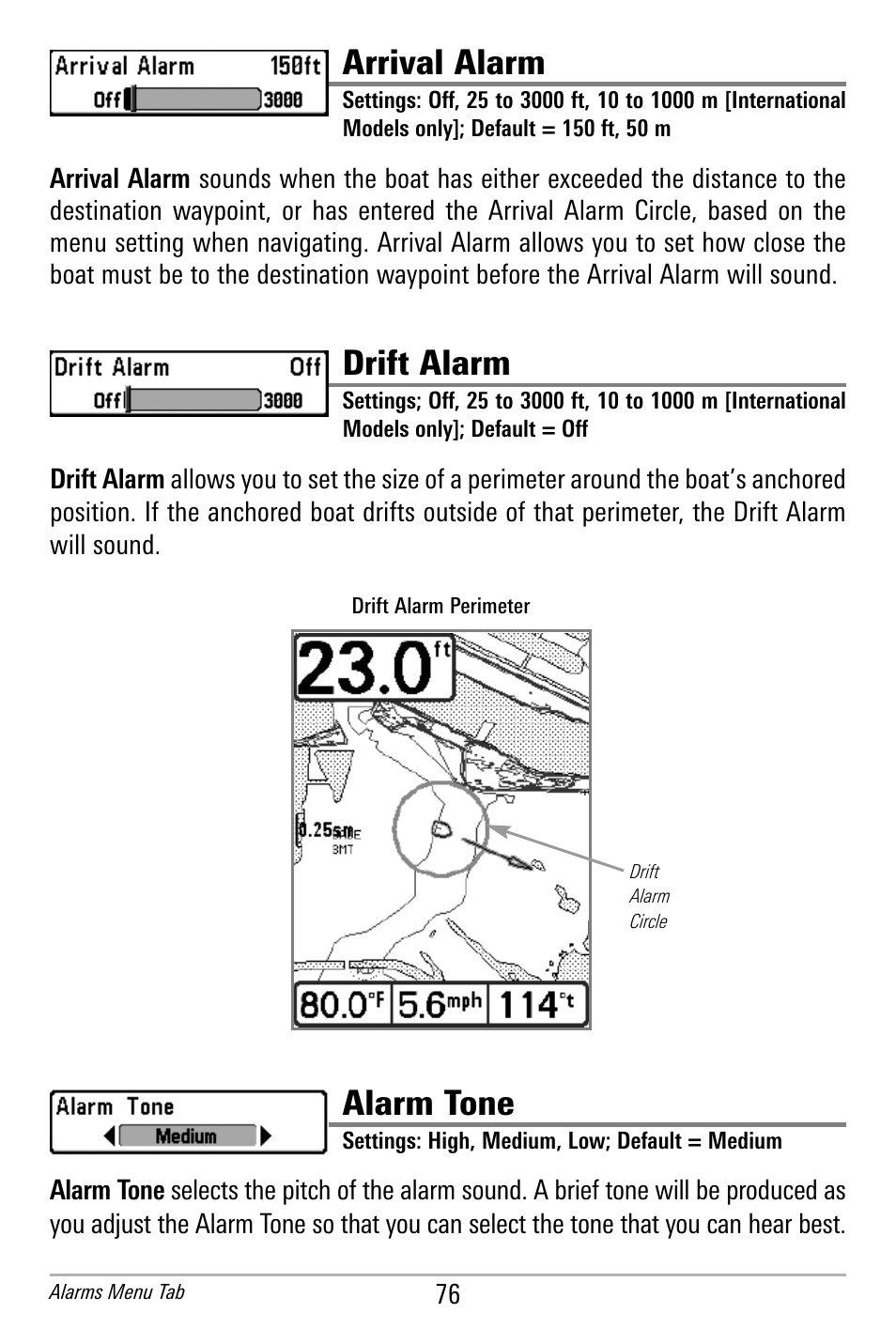 Arrival alarm, Drift alarm, Alarm tone | Humminbird 300 SERIES 365I User Manual | Page 86 / 128