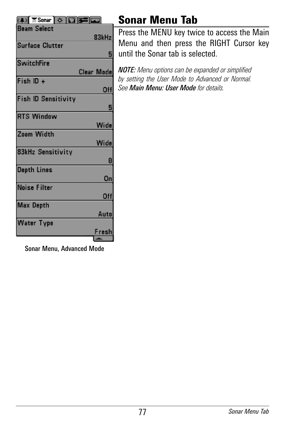 Sonar menu tab | Humminbird 300 SERIES 365I User Manual | Page 87 / 128