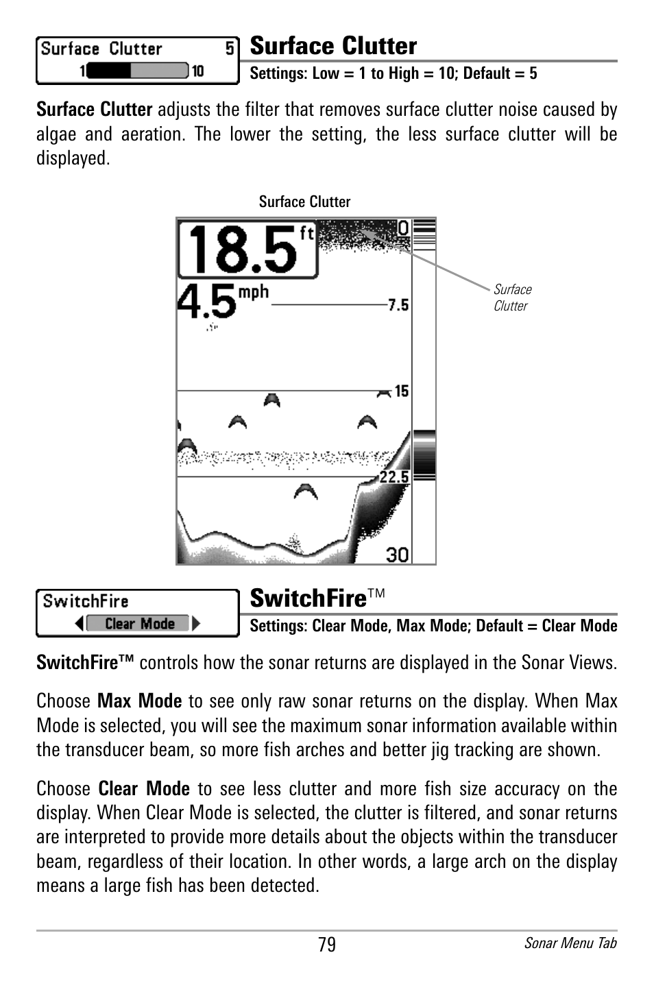 Surface clutter, Switchfire | Humminbird 300 SERIES 365I User Manual | Page 89 / 128