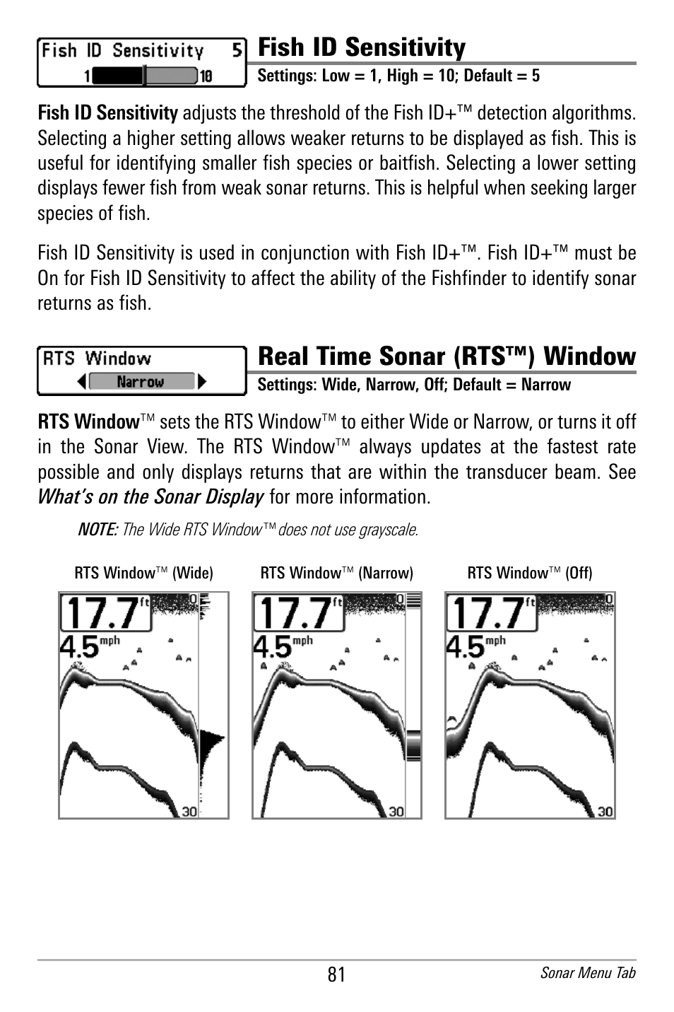 Fish id sensitivity, Real time sonar (rts™) window | Humminbird 300 SERIES 365I User Manual | Page 91 / 128