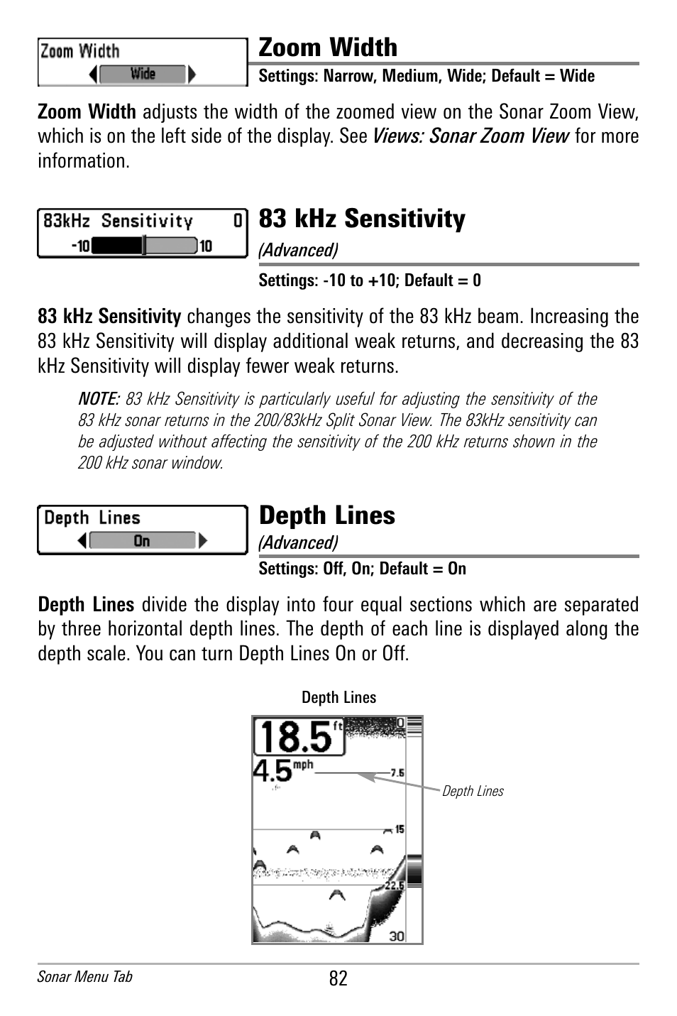 Zoom width, 83 khz sensitivity, Depth lines | Humminbird 300 SERIES 365I User Manual | Page 92 / 128