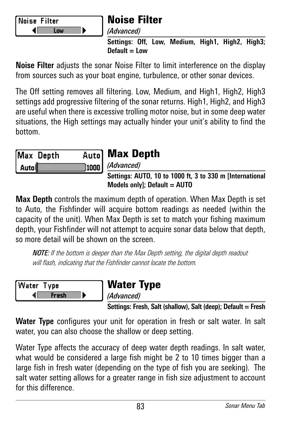 Noise filter, Max depth, Water type | Humminbird 300 SERIES 365I User Manual | Page 93 / 128