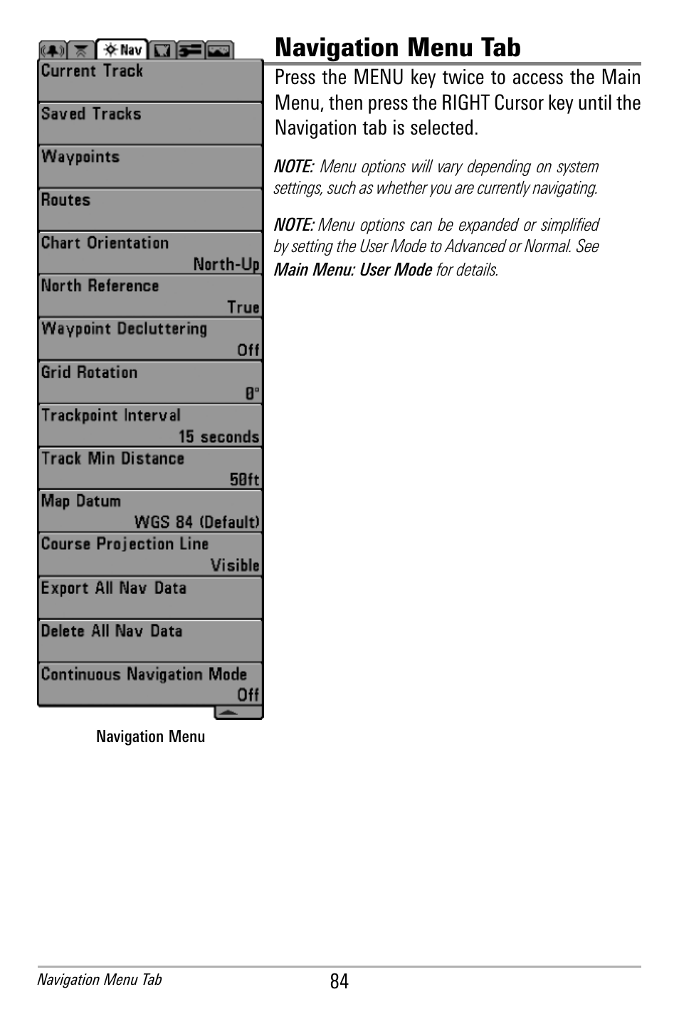 Navigation menu tab | Humminbird 300 SERIES 365I User Manual | Page 94 / 128