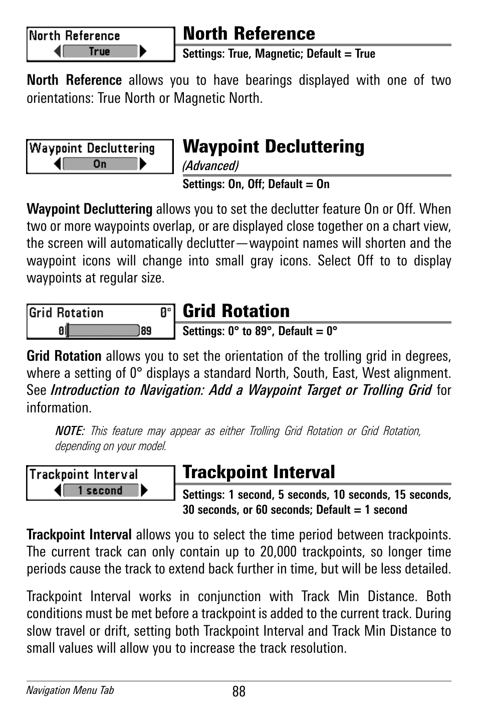 North reference, Waypoint decluttering, Grid rotation | Trackpoint interval | Humminbird 300 SERIES 365I User Manual | Page 98 / 128