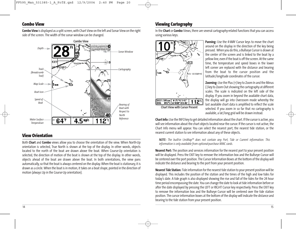 Viewing cartography, Combo view, View orientation | Humminbird 595C User Manual | Page 11 / 41