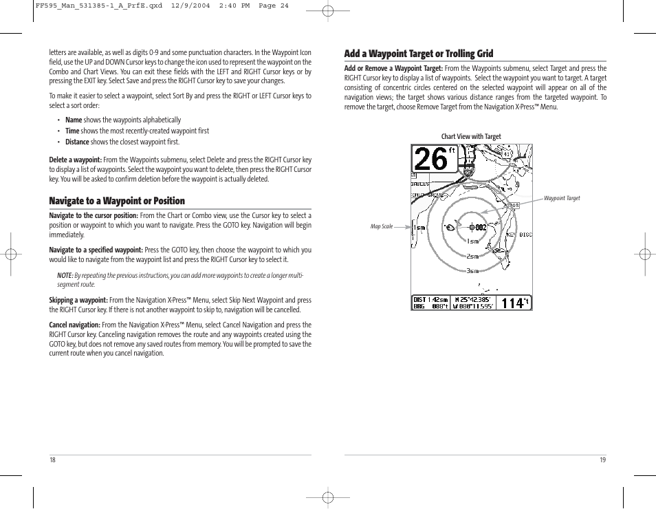 Add a waypoint target or trolling grid, Navigate to a waypoint or position | Humminbird 595C User Manual | Page 13 / 41