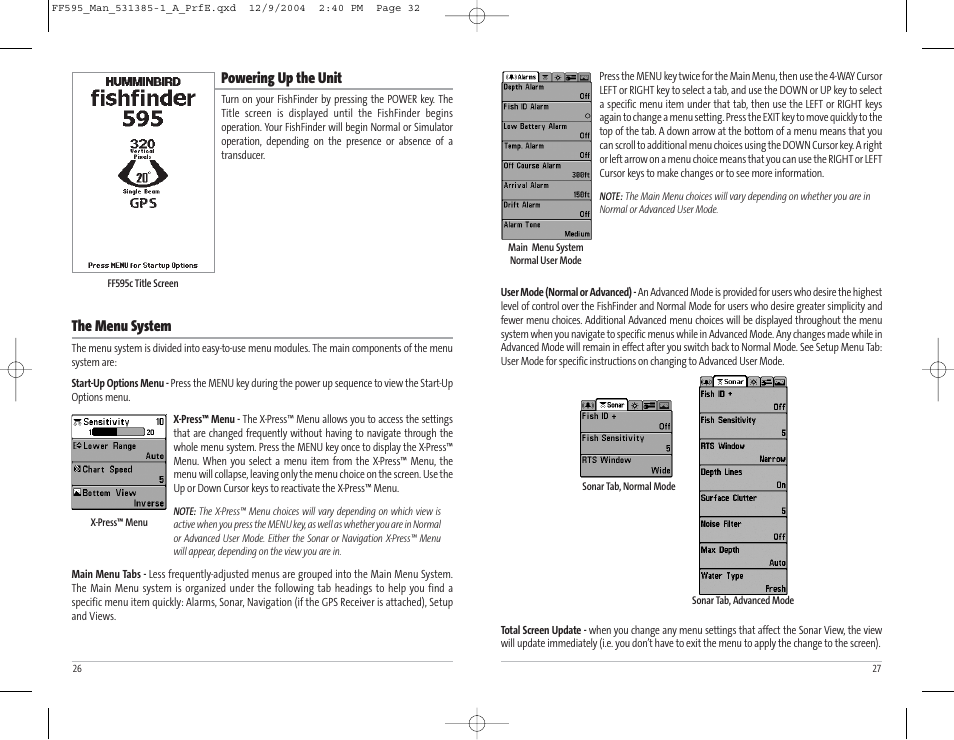 Powering up the unit, The menu system | Humminbird 595C User Manual | Page 17 / 41