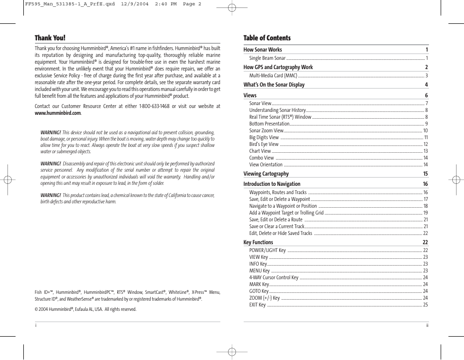 Humminbird 595C User Manual | Page 2 / 41