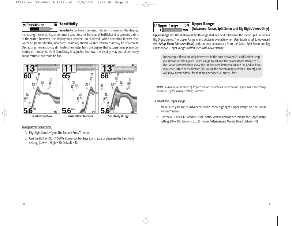 Upper range, Sensitivity | Humminbird 595C User Manual | Page 20 / 41