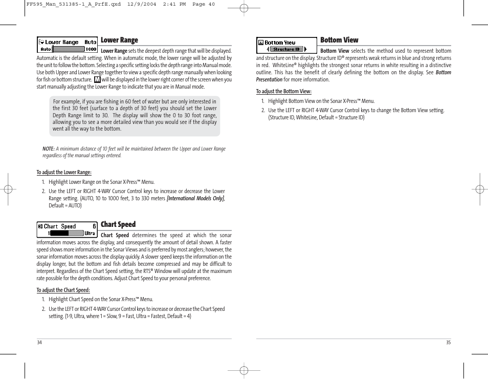 Bottom view, Lower range, Chart speed | Humminbird 595C User Manual | Page 21 / 41