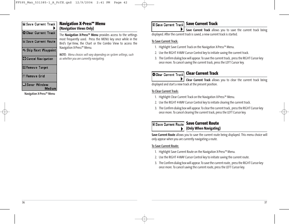 Save current track, Clear current track, Save current route | Navigation x-press™ menu | Humminbird 595C User Manual | Page 22 / 41